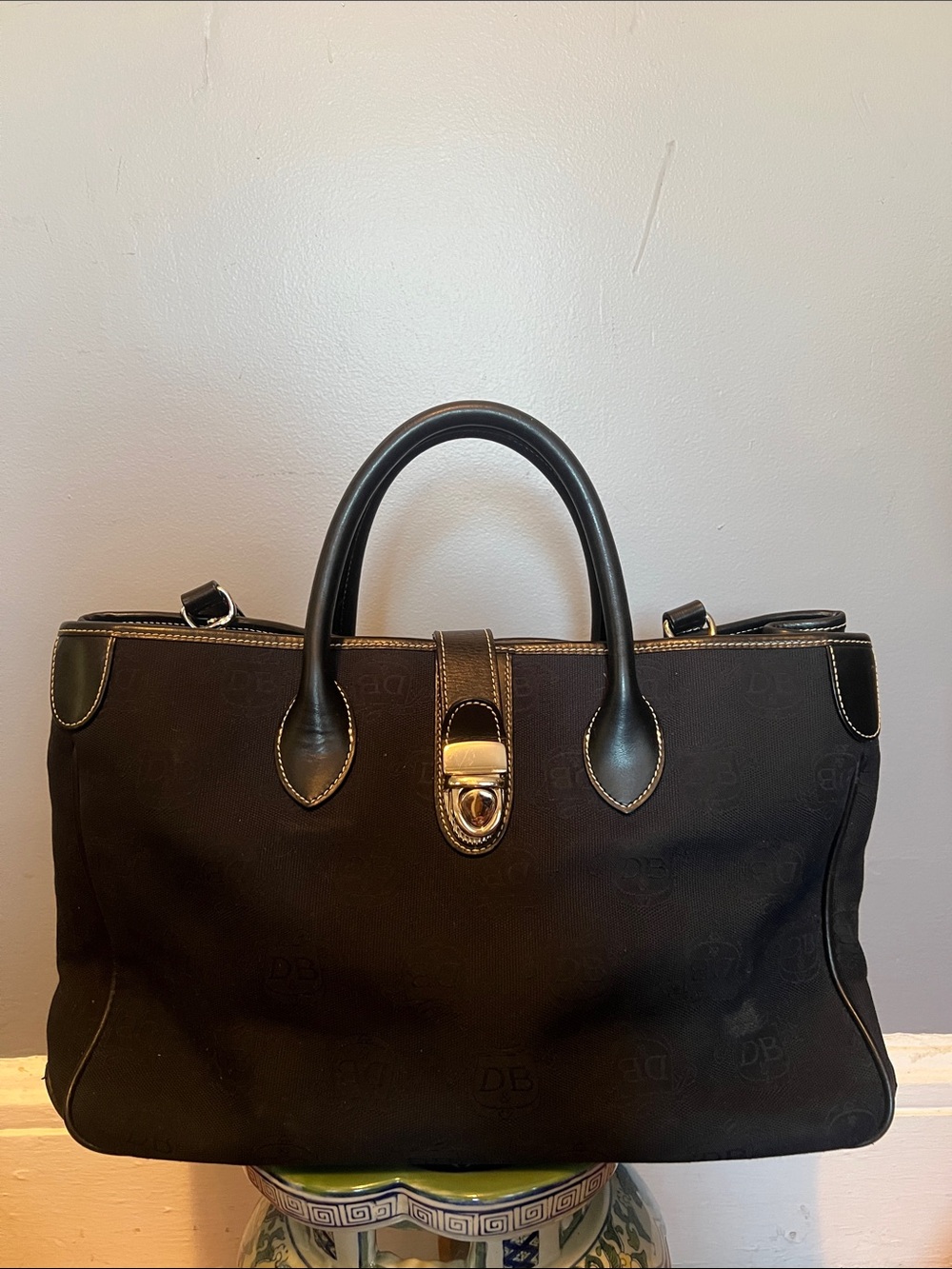 Black Logo-Embossed Shoulder Tote with Leather Trim